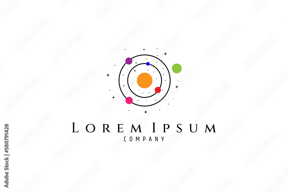 Wall mural vector logo in which image of the solar system with circle of planetary orbits and constellations of