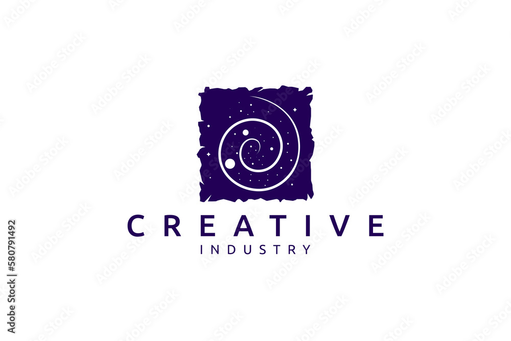 Canvas Prints space galaxy logo design with spiral planet orbits and stars scattered in rustic box frame.