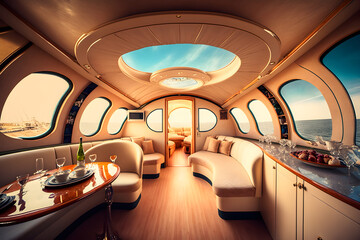 The interior of an expensive yacht, portholes overlooking the sea. Table with drinks. Generative AI content.