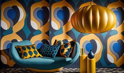  a room with a blue couch and a yellow lamp hanging from the ceiling.  generative ai