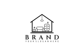 Vector line art logo an image of a minimalist house with assorted furniture inside, Suitable for businesses in the home furnishings industry.