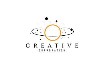 Abstract logo vector image of a planet with orbital rings and surrounded by other planets and stars. © FendyTerisno