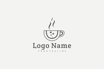 Vector logo image of a cup of coffee with a puff of coffee aroma smoke in a simple line art design style.