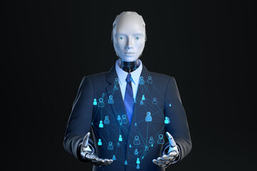 Robot in suit holding social net net his hands