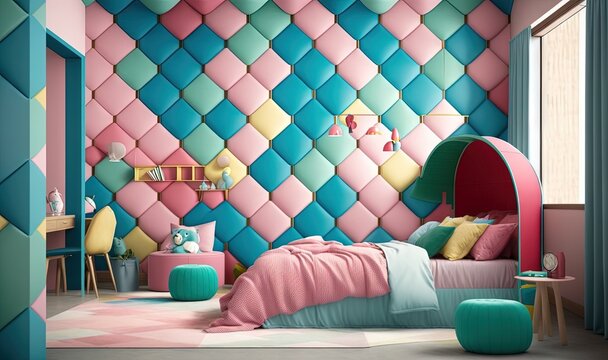  a bedroom with a colorful wall and a bed with a pink headboard.  generative ai