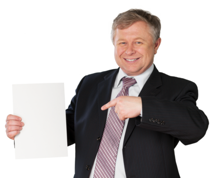 Happy smile business man showing white blank