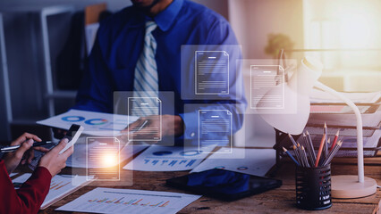 Document Management System, Online business contract Electronic signature, e-signing, digital document management, paperless office, signing business contract concept.