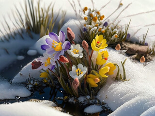 colorful springtime flowers in the snow, generative ai
