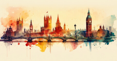 London bridge at sunset, watercolor, illustration, generative AI  finalized in Photoshop by me