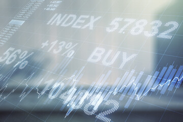 Double exposure of virtual creative financial diagram on contemporary business center exterior background, banking and accounting concept