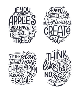 Naklejka Set with hand drawn lettering quotes in modern calligraphy style about business motivation. Inspiration slogans for print and poster design. Vector