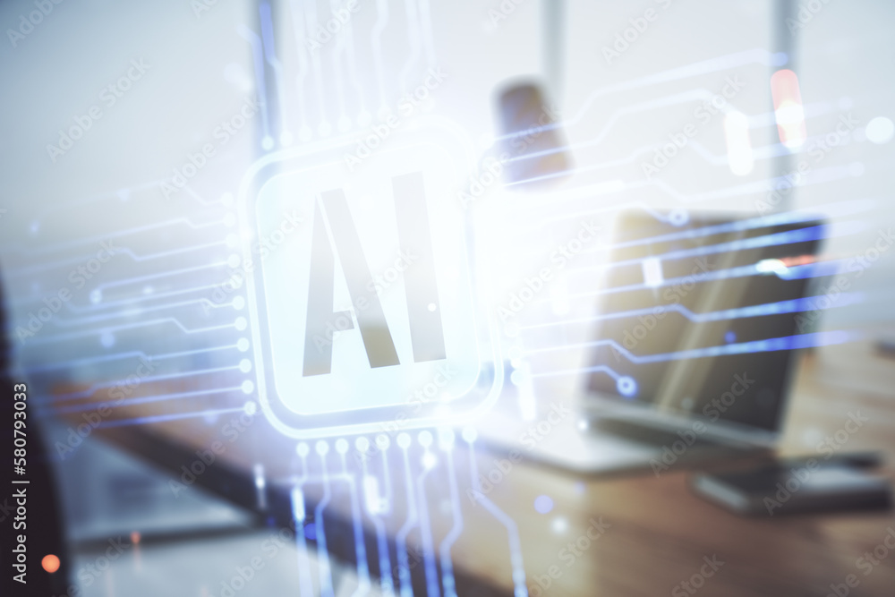 Poster double exposure of creative artificial intelligence icon with modern laptop on background. neural ne