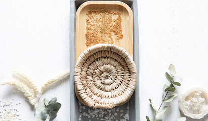 Spa composition with hygiene items, top view.