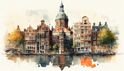 Watercolor cityscape of the city of Amsterdam, capital of the Netherlands (Europe), on the banks of the Amstel river. Design. Chart. drawing, illustration. paint. art. decor. city - obrazy, fototapety, plakaty