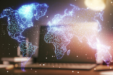 Double exposure of abstract digital world map on laptop background, research and strategy concept