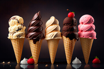 Set of ice cream cones., Generative AI