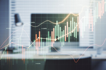 Double exposure of abstract creative financial chart on modern laptop background, research and strategy concept