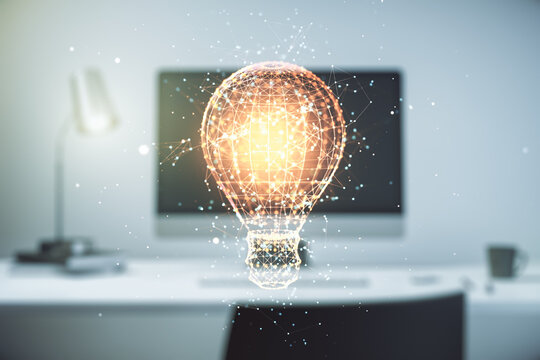 Double exposure of creative light bulb hologram on laptop background, research and development concept