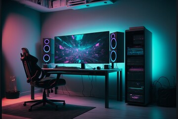 Immersive Gaming Space: Modern and Minimalist Room with Wide Angle Display and High-Tech Setup