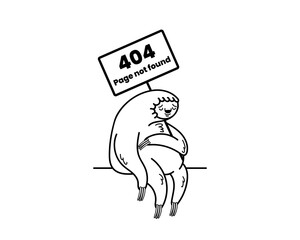 404 error page with lazy sloth. Page not found. Isolated on white. Stock vector illustration.