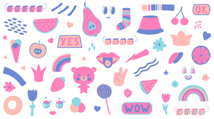 Fun colorful stickers collection in y2k style. Girly doodle set.