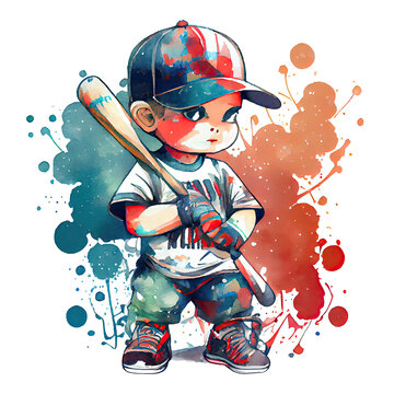 Watercolor cute baseball player, cartoon character. Generative AI