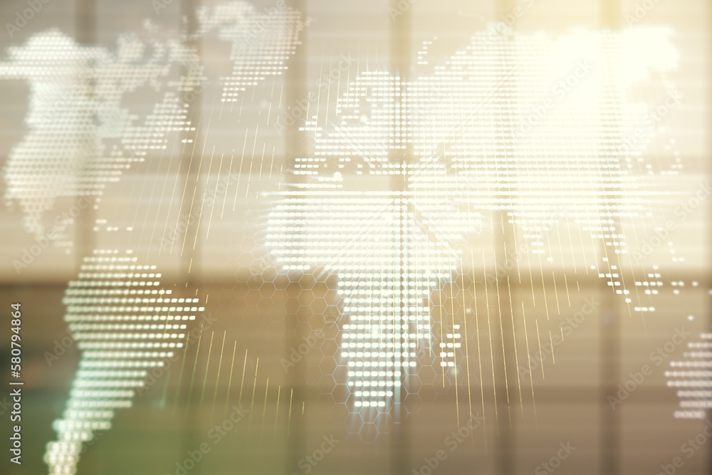 Aufkleber multi exposure of abstract graphic world map on modern interior background, big data and networking 