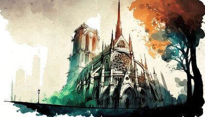 Paris cathedral at sunset, watercolor, illustration, generative AI  finalized in Photoshop by me