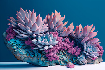Studio shot of pink-colored succulent plants lying on top of blue ledges, pink, succulent, plants, indoor plants, minimal, modern, still life, close-up.