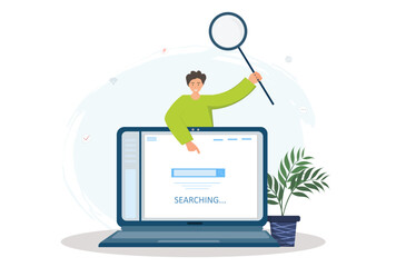 Person searching information on the web site at the laptop, downloading files to the computer, surfing internet, freelance work concept, online learning concept, flat vector illustration