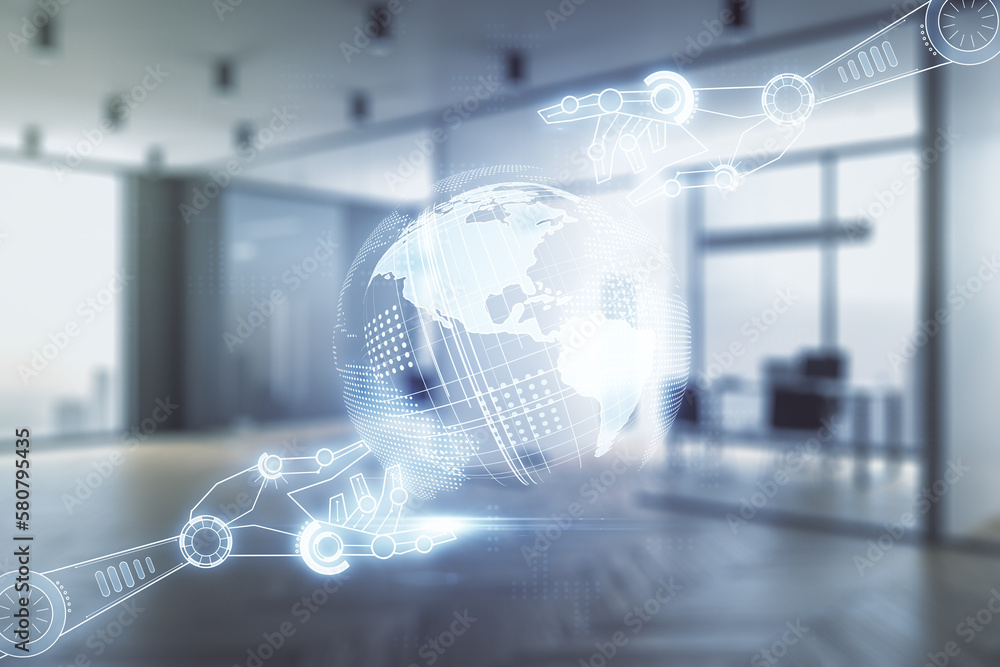 Aufkleber double exposure of abstract virtual robotics technology with world map hologram on modern corporate 