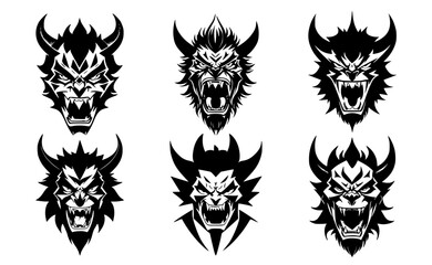 Set of horned devil heads with open mouth and bared teeth, with different angry expressions of the muzzle. Symbols for tattoo, emblem or logo, isolated on a white background.