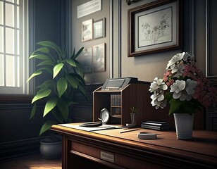 An office with desk chairs and ornate flowers that are neat and clean. Generative AI
