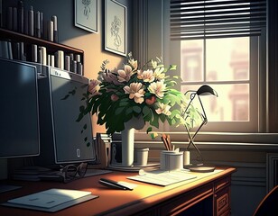 An office with desk chairs and ornate flowers that are neat and clean. Generative AI