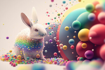 Obraz na płótnie Canvas fantasy abstarct design amazing 3d Easter bunny and ornated painted rainbow colourd egg on white background. Happy Easter magical,generative ai.