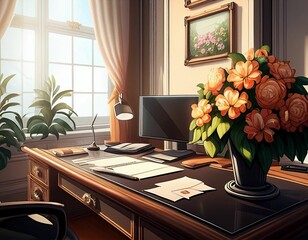 An office with desk chairs and ornate flowers that are neat and clean. Generative AI