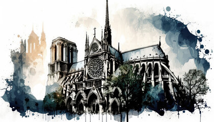 Obraz premium Paris cathedral at sunset, watercolor, illustration, generative AI finalized in Photoshop by me