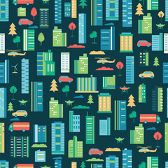 Seamless vector pattern with city buildings and elements on a dark background.