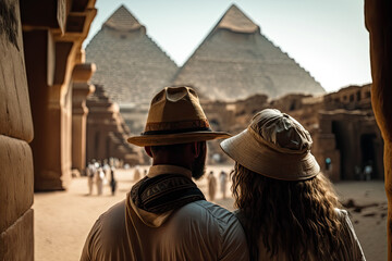 Generative AI Illustration of a couple looking at the pyramids of giza in egypt - obrazy, fototapety, plakaty