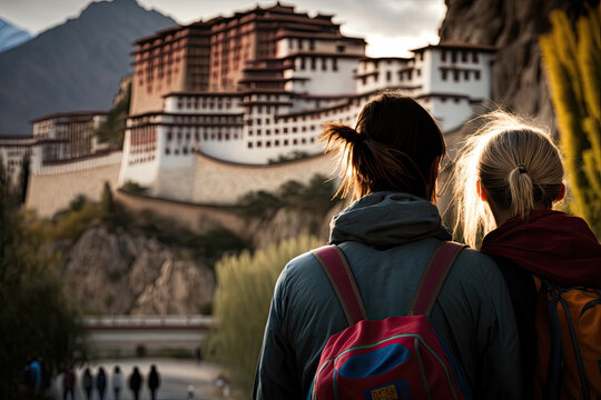 Generative AI Illustration of a couple of travelers looking at the potala palace of the Dalai Lama in Lasha Tibet