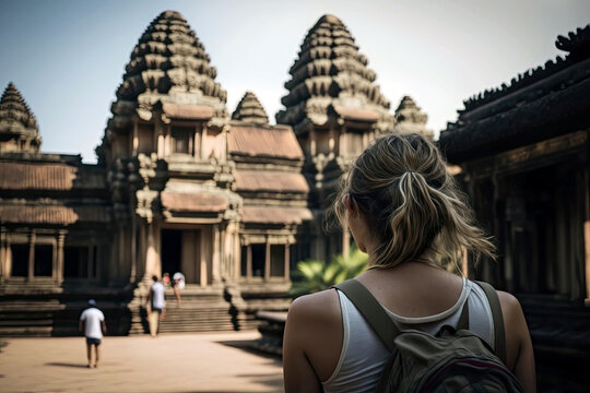 Generative AI Illustration of a Woman Looking at Angkor Wat Temples in Cambodia