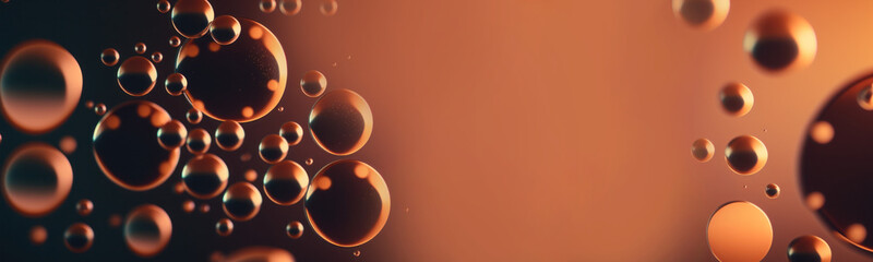 Abstract bubbles against a copper background. Macro extreme closeup in brown. Web banner. Wide. Long. Panoramic website banner. Generative AI