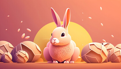 Easter bunny with colourful eggs. Generative AI.