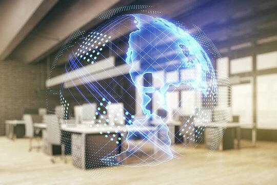 Digital map of North America hologram on a modern furnished classroom background, global technology concept. Multiexposure