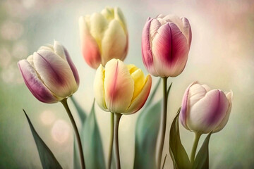 Fototapeta premium pastel-coloured tulips on a light blurred bokeh background. AI generativ.