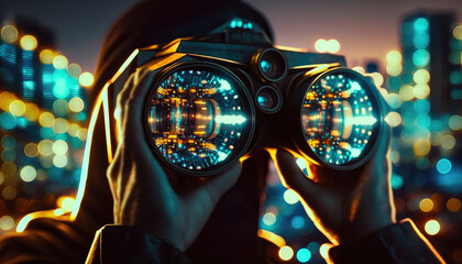 Spy with high tech search binoculars. In sci-fi cityscape.