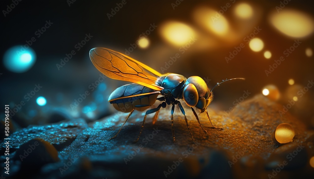 Poster a close up of a blue and yellow insect on a rock with lights in the background and a blurry image of