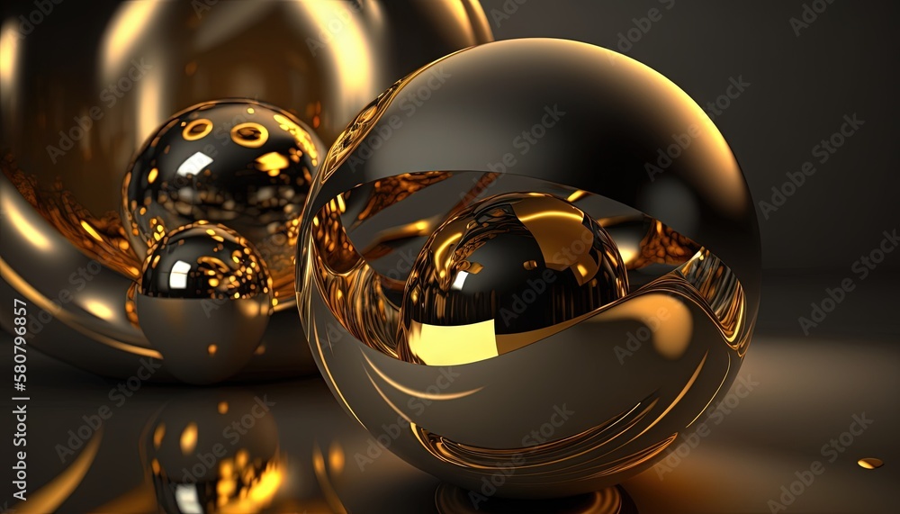 Poster a shiny metal object with a black background and gold highlights on it's surface, with a reflection 