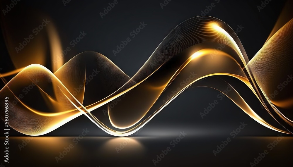 Poster an abstract golden wave on a black background with light effects and a black background with a light
