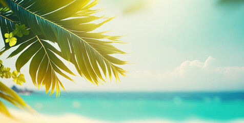 Fototapeta na wymiar Beautiful summer time banner with tropical palm tree leaves and blurred ocean sandy coast, beach background. Banner with copy space on outdoor backdrop. AI generative image.